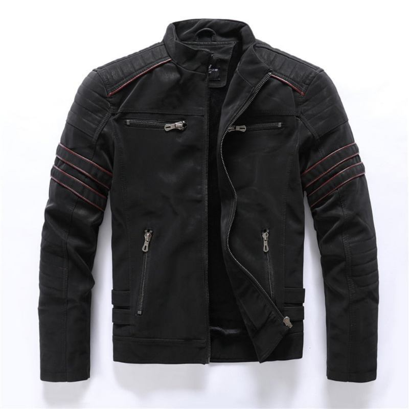 Winter Dünne Kurze Lederjacke Für Herren Motorradjacke Slim Fit Luxuriös Klassisch Schlicht Stehkragenmantel - schwarz01