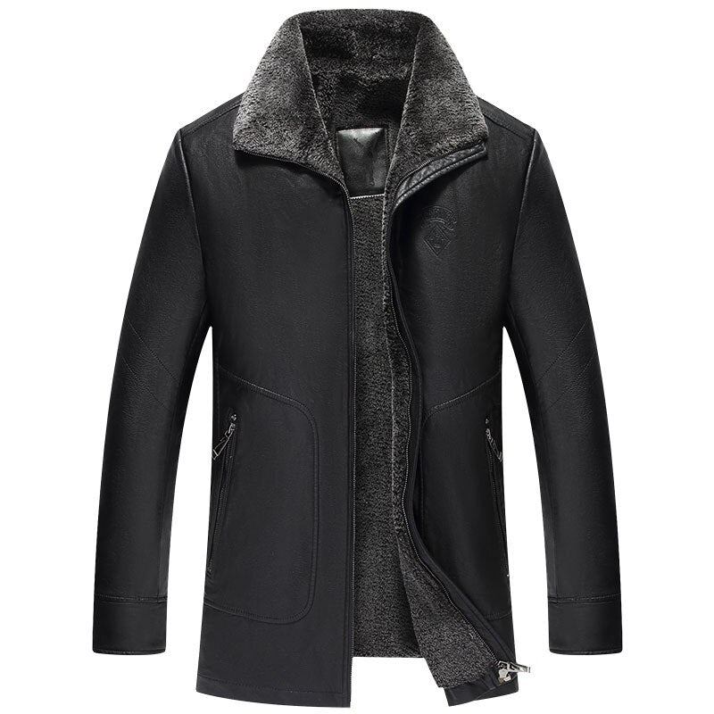 Winter Langer Fleece-pelzkragen Herren-lederjacke Parka Übermantel Samt Warm Lässig Windjacke - Schwarz