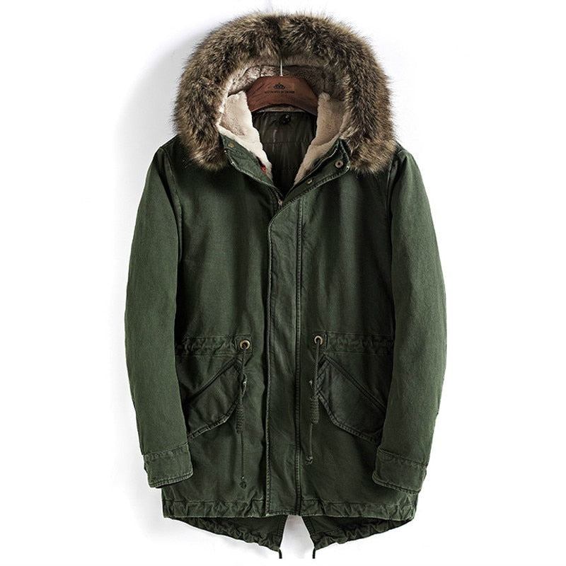 Dicker Warmer Parka Für Herren Mit Pelzkragen Winterparka Hochwertige Winddichte Baumwolljacke Mit Kapuze Langer Mantel - Grün