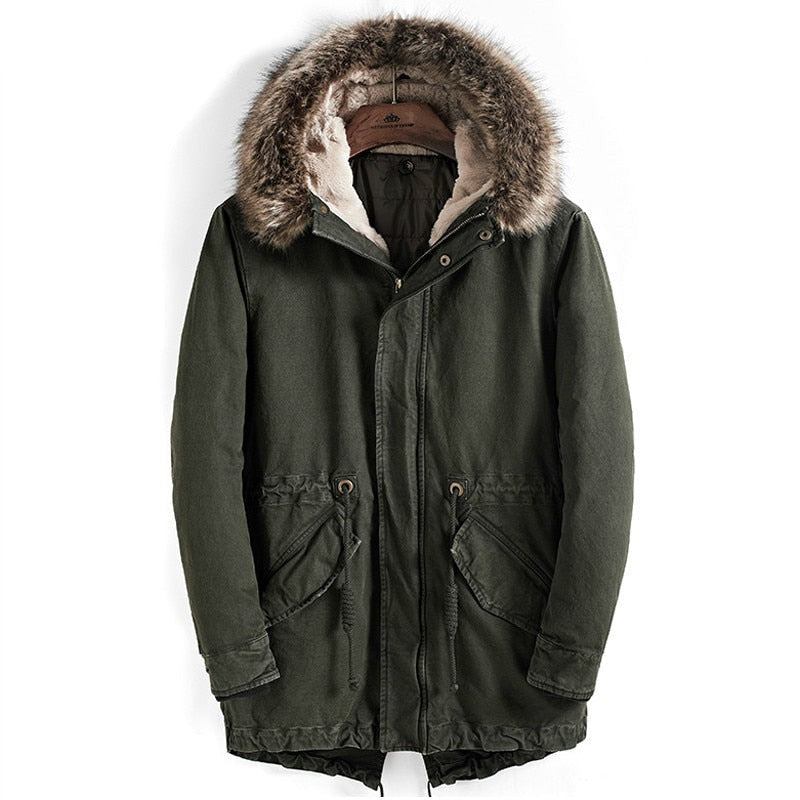 Dicker Warmer Parka Für Herren Mit Pelzkragen Winterparka Hochwertige Winddichte Baumwolljacke Mit Kapuze Langer Mantel - Grün