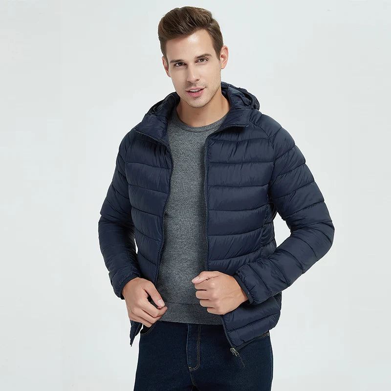 Herren Ultraleichte Daunenparkas Für Den Winter Warme Mäntel Lässig Einfarbig Wasserdichte Daunen-baumwolljacke Tragbarer Mantel Mit Kapuze - marineblau mit Kapuze