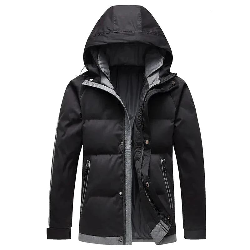 Herrenparka Trendige Baumwolljacke Dicke Streifen Winddicht Mit Kapuze Lockerer Outdoor-mantel - Schwarz