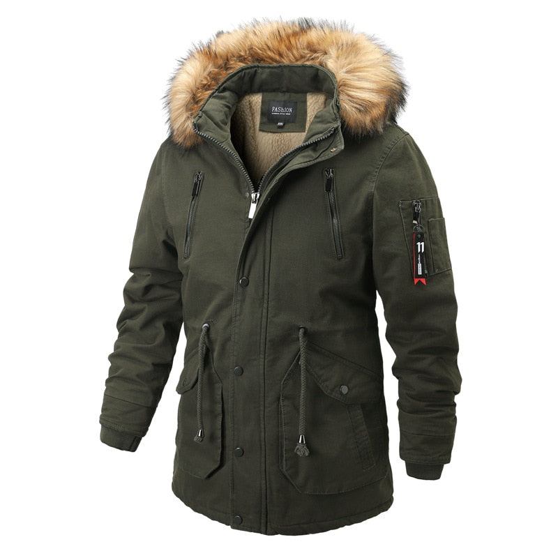 Parkas Mit Kapuze Für Herren Winter Lässig Warm Dicke Pelzkragenjacke Abnehmbare Mütze Fleece Herren-oberbekleidung Mantel - Schwarz