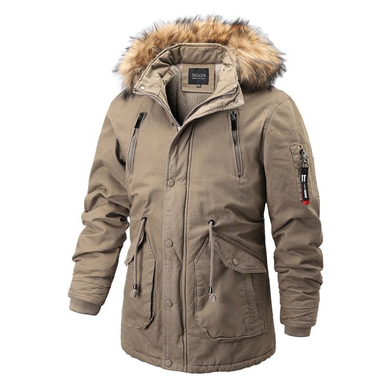 Parkas Mit Kapuze Für Herren Winter Lässig Warm Dicke Pelzkragenjacke Abnehmbare Mütze Fleece Herren-oberbekleidung Mantel - Schwarz