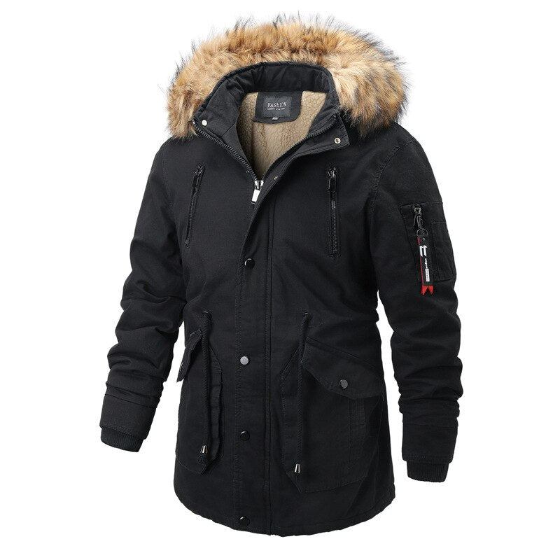 Parkas Mit Kapuze Für Herren Winter Lässig Warm Dicke Pelzkragenjacke Abnehmbare Mütze Fleece Herren-oberbekleidung Mantel - Schwarz