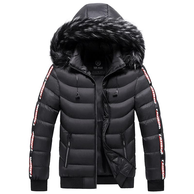 Winterparka Für Herren Aus Samt Pelzkragen Kapuze Plus Dicker Warmer Samtparka Jacke - Schwarz