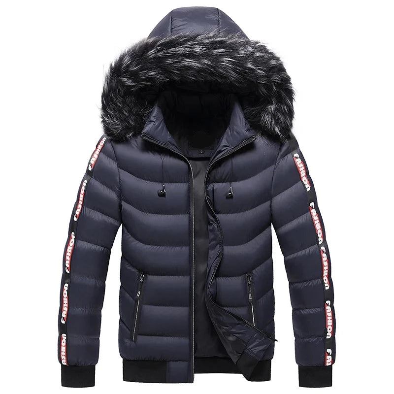 Winterparka Für Herren Aus Samt Pelzkragen Kapuze Plus Dicker Warmer Samtparka Jacke - Schwarz