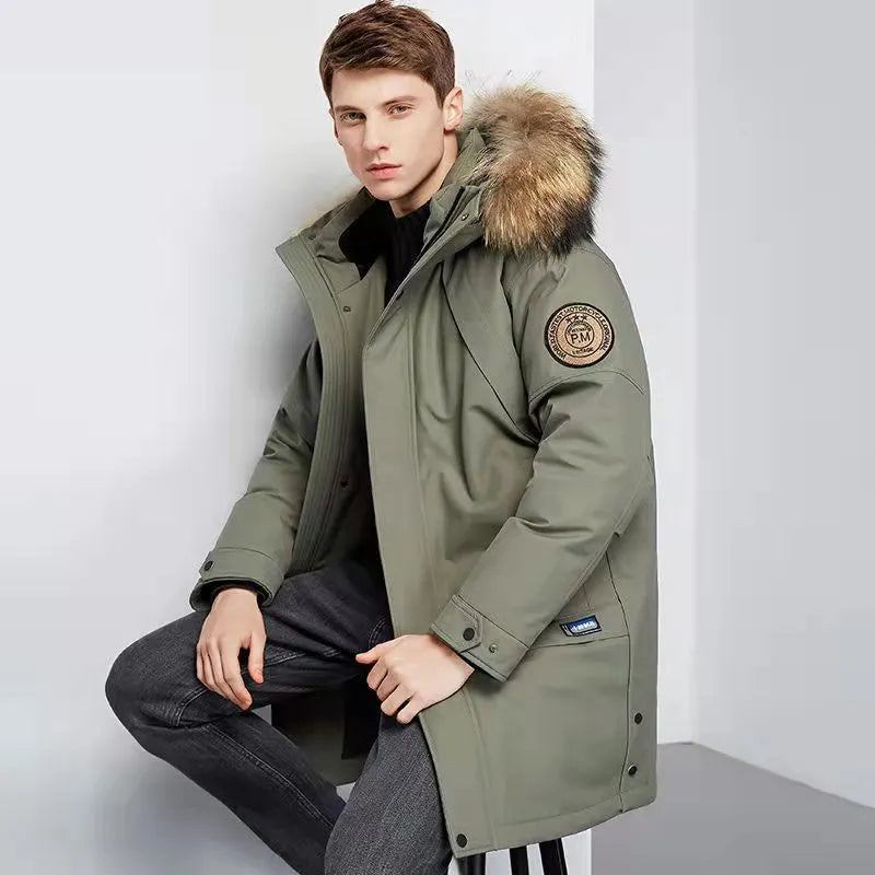 Winterwarme Lässige Daunenjacke Mit Kapuze Und Pelzkragen Für Herren - Beige