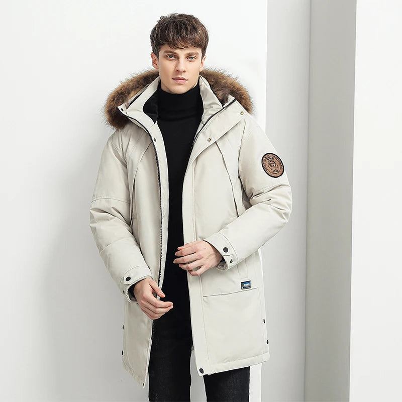 Winterwarme Lässige Daunenjacke Mit Kapuze Und Pelzkragen Für Herren - Beige