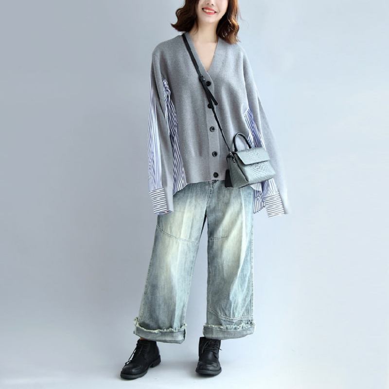 2024. Grau Gestreifter Baumwoll-patchwork Strickjacke Lockerer V-ausschnitt Pullover Bluse