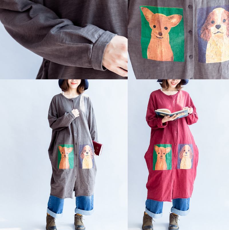 2024 Graue Baumwoll-cardigans Mit Cartoon-print Übergröße Lässige Große Mäntel - grau