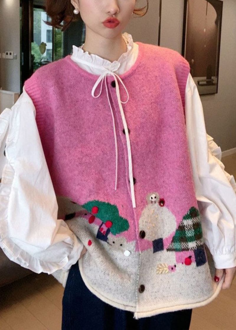 Ärmellose Weste Aus Baumwollstrick Mit Knöpfen In Französischem Rosa - Damen-Cardigans