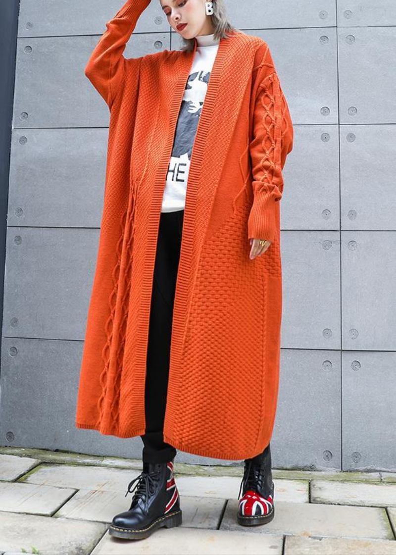 Ästhetische Orangefarbene Weite Winter-strickjacke In Übergröße