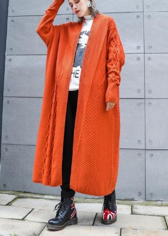 Ästhetische Orangefarbene Weite Winter-strickjacke In Übergröße