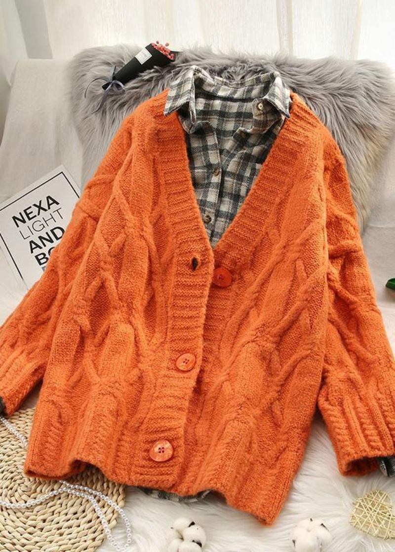 Ästhetische Rote Strickcardigans Trendige Übergröße V-ausschnitt Langärmelige Pullover - orange