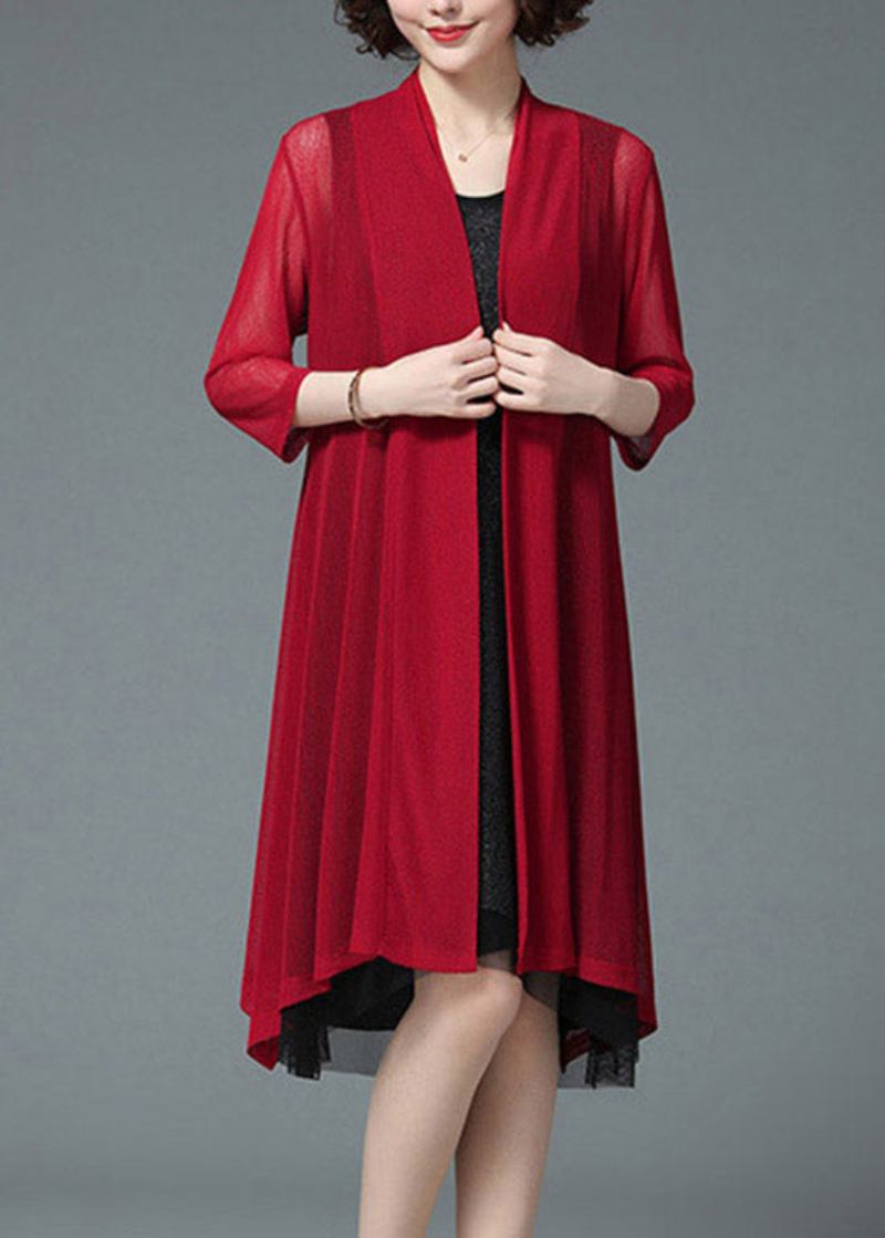 Baggy Roter Strand-cardigan Aus Upf 50+ Dreiviertel Ärmel In Übergröße