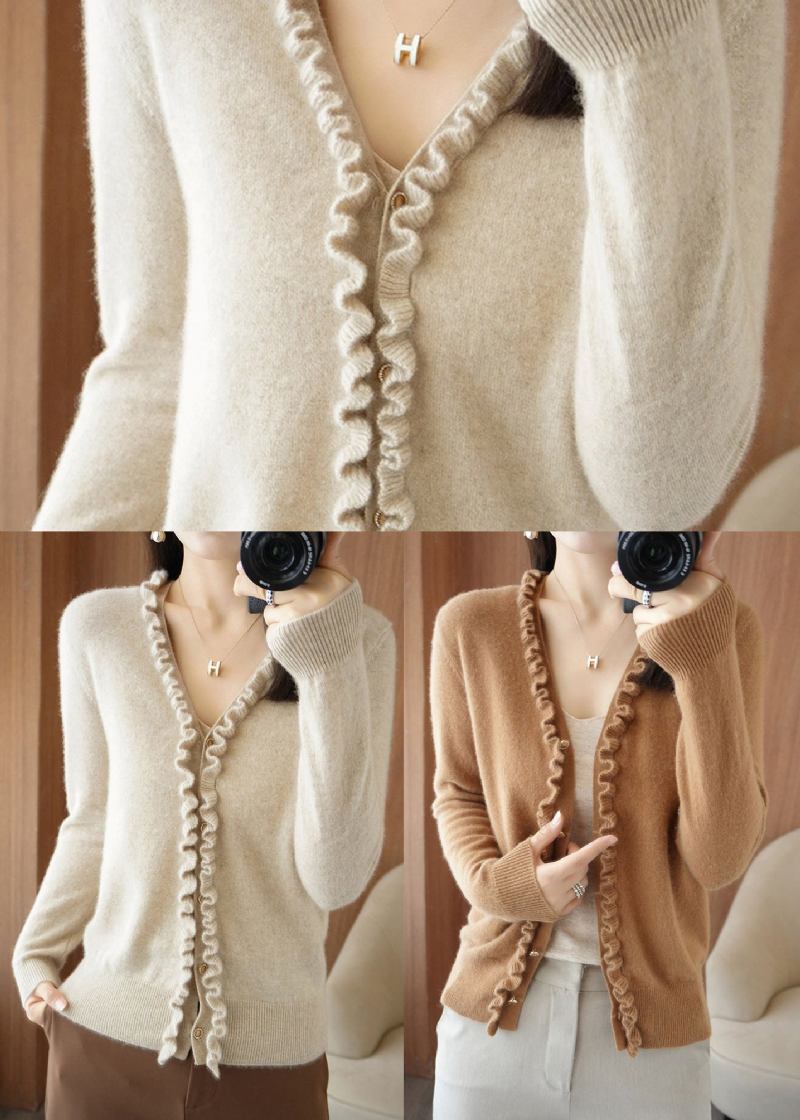 Beige Kamelfarbene Strickjacke Aus Dickem Kaschmir Mit Knöpfen Und Langen Ärmeln - Beige Kamelfarbe