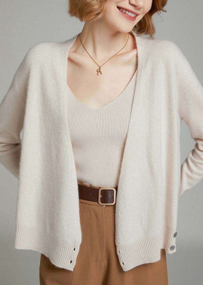 Beige V-ausschnitt-pullover Aus Wollstrick Mit Knöpfen Und Patchwork Herbst - Damen-Cardigans