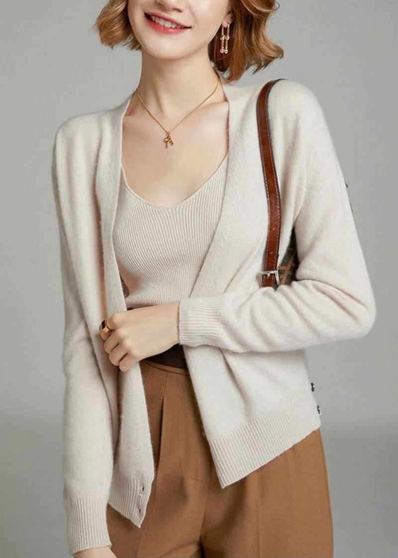 Beige V-ausschnitt-pullover Aus Wollstrick Mit Knöpfen Und Patchwork Herbst - Damen-Cardigans