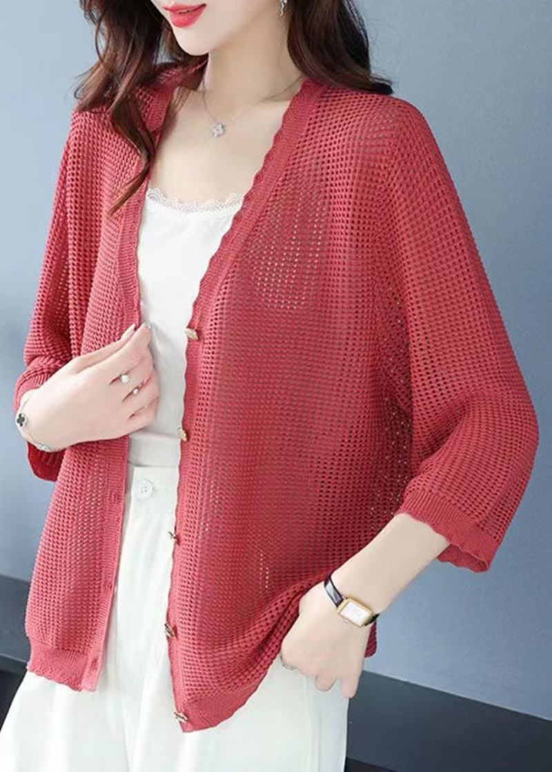 Bio-grüner V-ausschnitt-patchwork-strickcardigan Mit Aussparungen Für Den Sommer - Damen-Cardigans