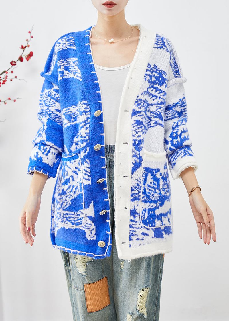 Blaue Asymmetrische Strickjacke Mit Batikmuster Und Knopfleiste Herbst