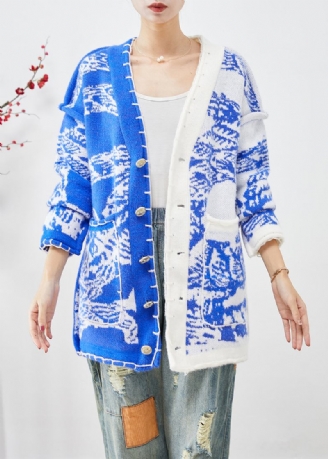 Blaue Asymmetrische Strickjacke Mit Batikmuster Und Knopfleiste Herbst