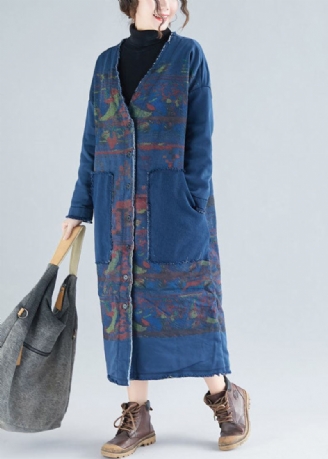 Blauer Bedruckter Warmer Fleece-cardigan Mit Taschen Und V-ausschnitt Winter