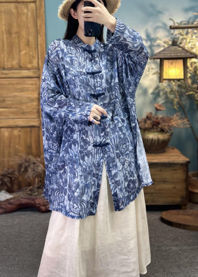 Blauer Chinesischer Leinencardigan Mit Knopfleiste Stehkragen Und Print Sommer