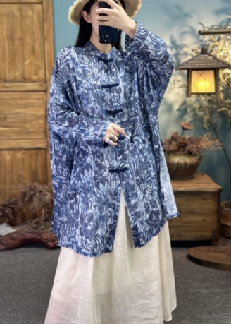 Blauer Chinesischer Leinencardigan Mit Knopfleiste Stehkragen Und Print Sommer