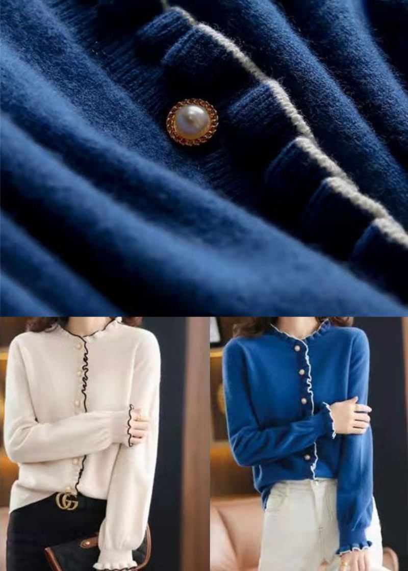 Blauer Dicker Strickcardigan Mit Perlenknöpfen Und Rüschen Für Den Winter - Damen-Cardigans