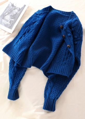 Blauer Strickpullover Mit Knopf Für Damen In Übergröße Für Den Frühling