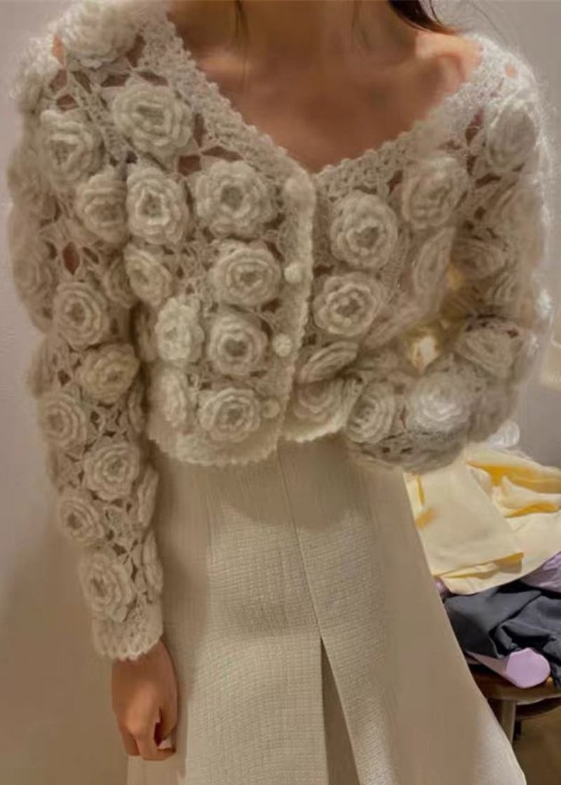 Blumenbeige Ausgehöhlte Baumwollstrickmäntel Mit Knöpfen Frühling - Damen-Cardigans