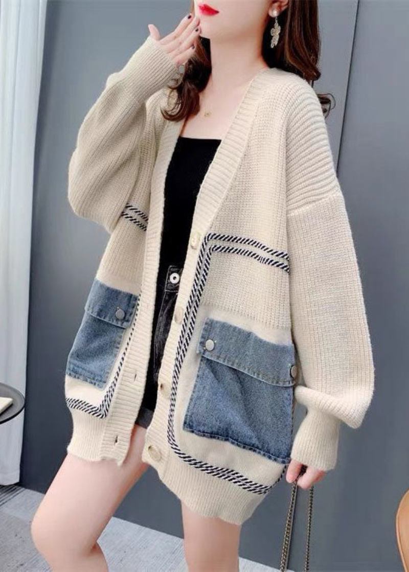 Bohemian Beigefarbener Übergroßer Strickcardigan Aus Denim Mit Patchwork-muster Für Den Winter - Damen-Cardigans