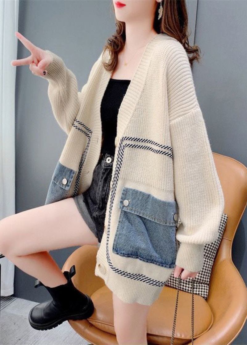 Bohemian Beigefarbener Übergroßer Strickcardigan Aus Denim Mit Patchwork-muster Für Den Winter - Damen-Cardigans