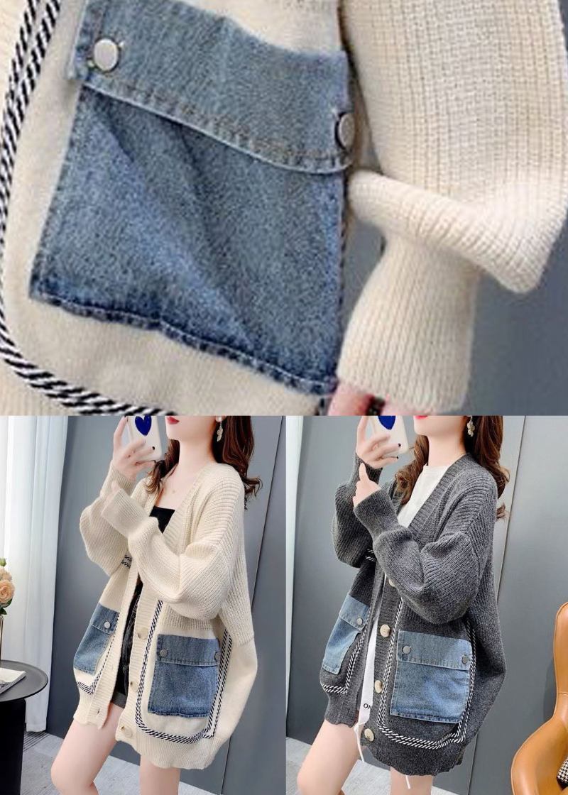 Bohemian Beigefarbener Übergroßer Strickcardigan Aus Denim Mit Patchwork-muster Für Den Winter - Damen-Cardigans