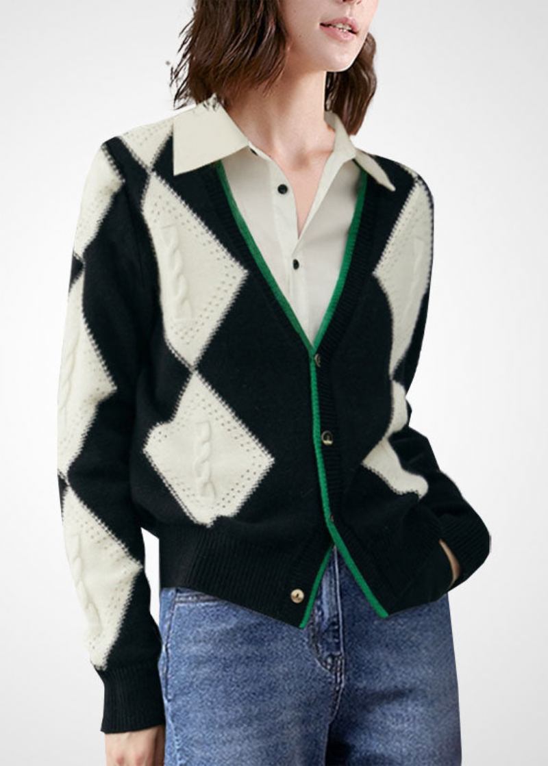 Bohemian Colorblock-cardigan Mit V-ausschnitt Und Patchwork-muster Für Den Winter