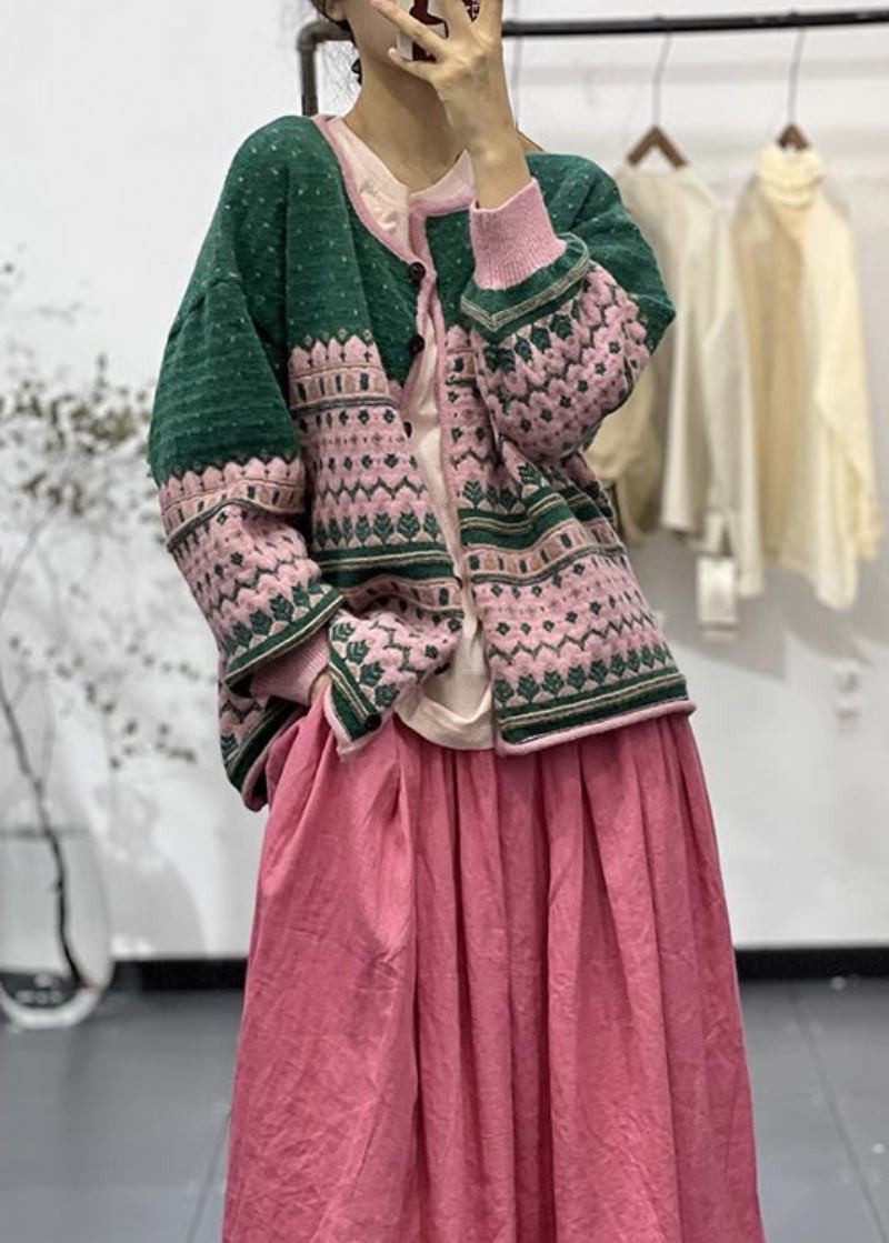 Bohemian-grüne O-ausschnitt-strickjacken Mit Bestickten Knöpfen Herbst - Damen-Cardigans