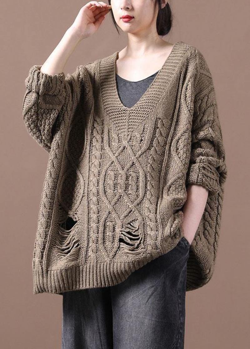 Bohemian Khaki-loch-herbstpullover Mit V-ausschnitt Und Gemütlichem Loch