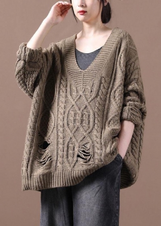 Bohemian Khaki-loch-herbstpullover Mit V-ausschnitt Und Gemütlichem Loch