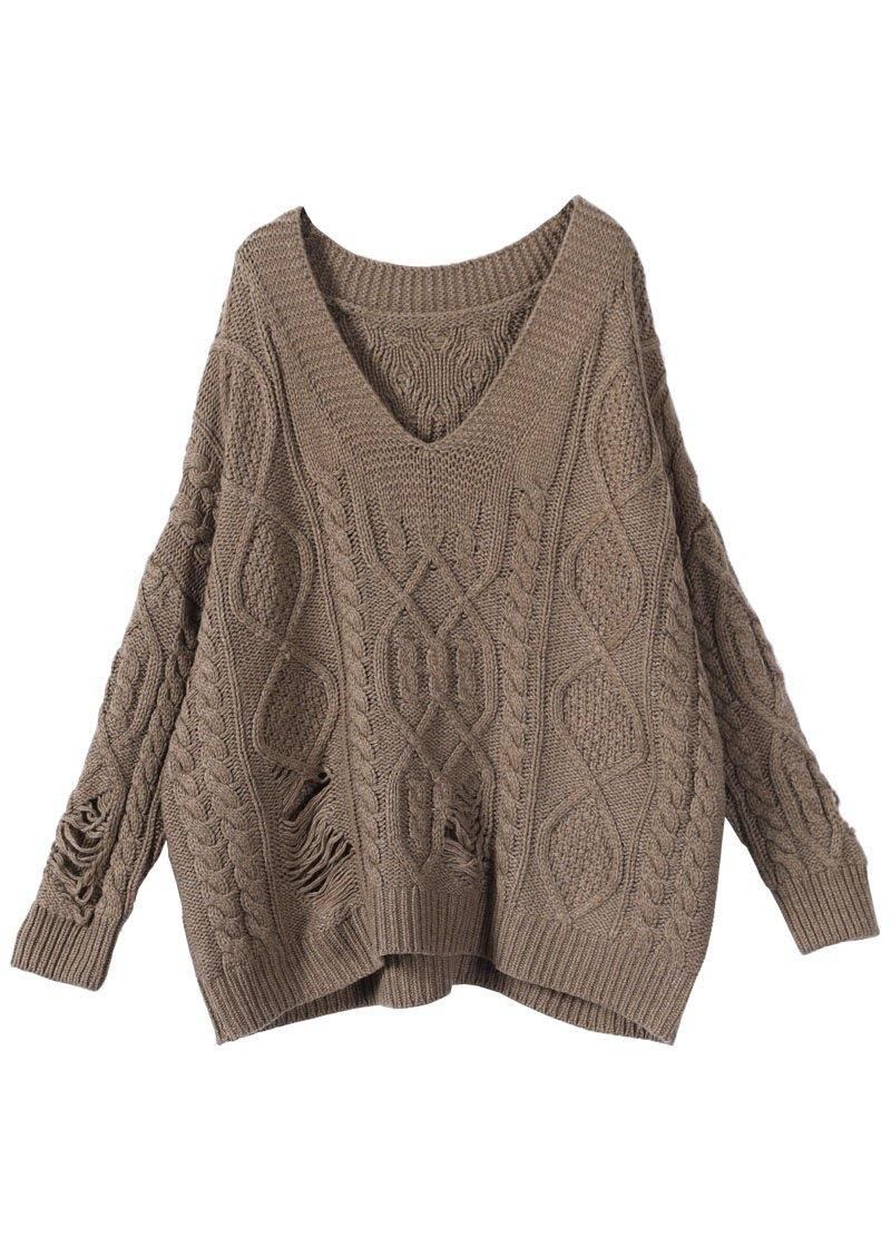 Bohemian Khaki-loch-herbstpullover Mit V-ausschnitt Und Gemütlichem Loch - Khaki