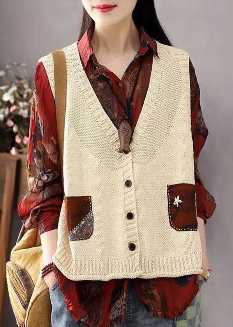 Bohemian Khaki-patchwork-baumwollstrickweste Mit Knopftaschen Und Ärmellos - Damen-Cardigans