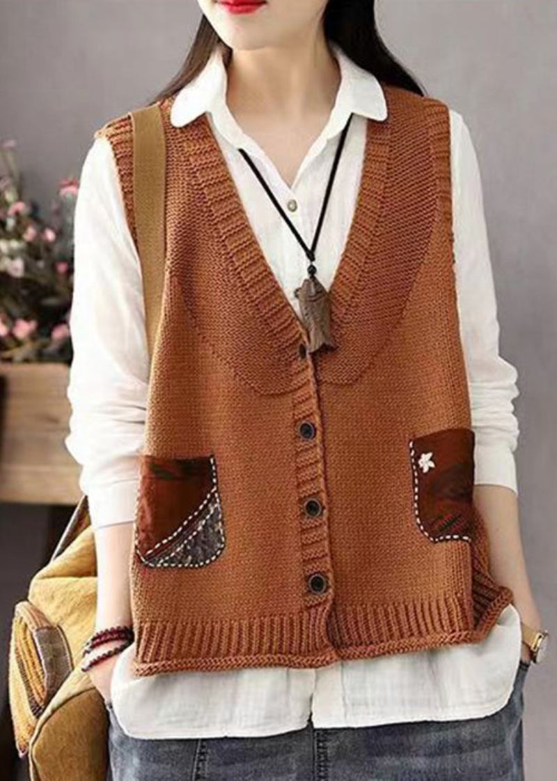 Bohemian Khaki-patchwork-baumwollstrickweste Mit Knopftaschen Und Ärmellos - Damen-Cardigans