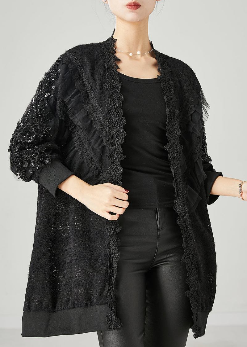 Bohemian Schwarzer Gerüschter Spitzen-cardigan Mit Nagelperlen Frühling - Damen-Cardigans