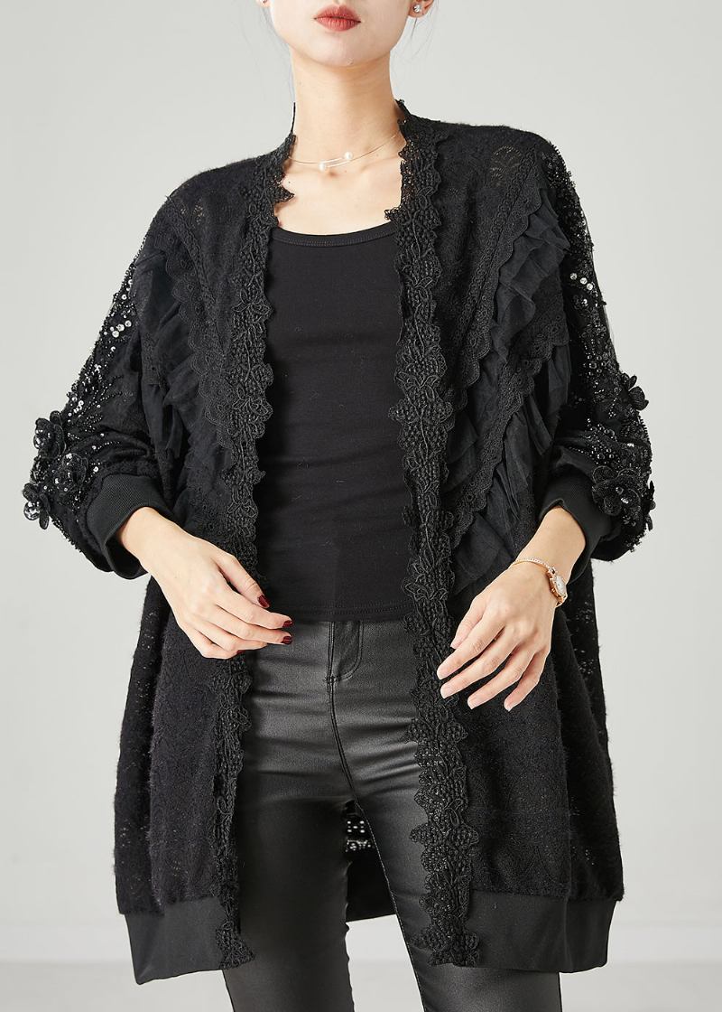 Bohemian Schwarzer Gerüschter Spitzen-cardigan Mit Nagelperlen Frühling - Damen-Cardigans