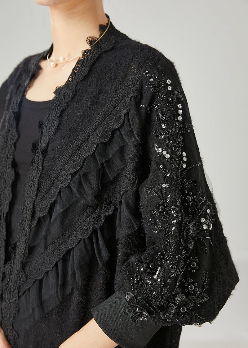 Bohemian Schwarzer Gerüschter Spitzen-cardigan Mit Nagelperlen Frühling - Damen-Cardigans