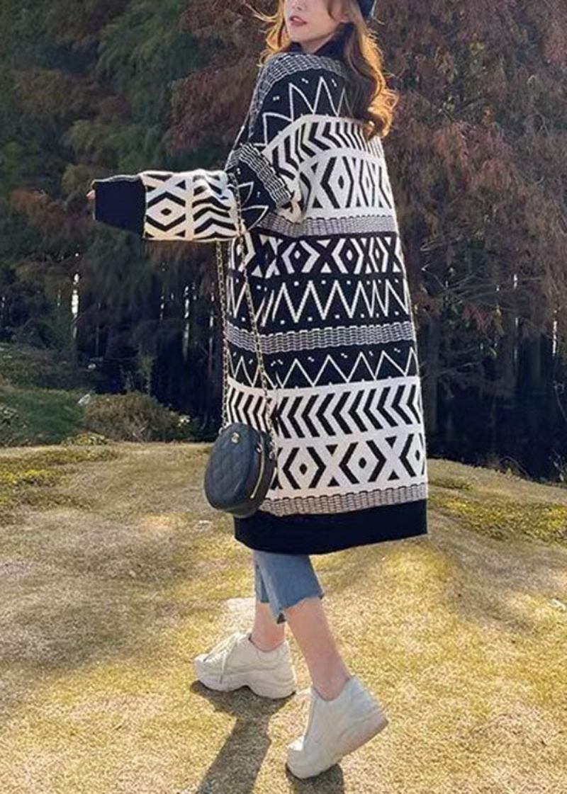 Bohemian-schwarzer Übergroßer Dicker Strickcardigan Mit Print Für Den Winter - Damen-Cardigans