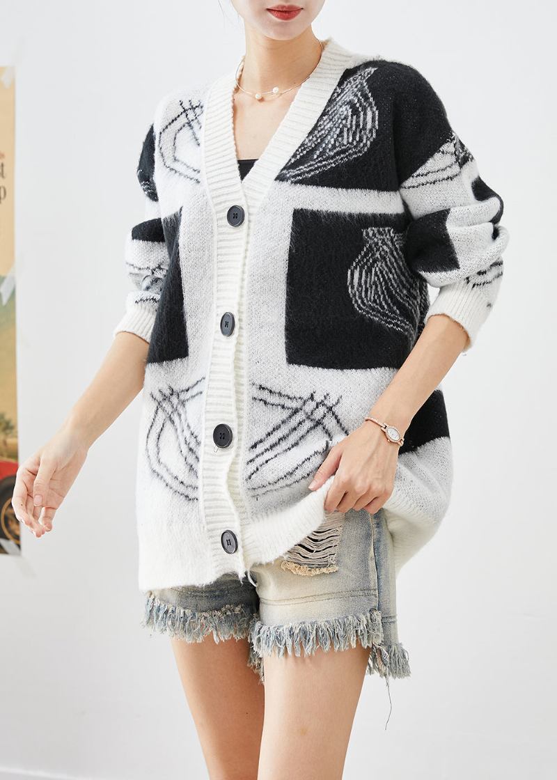 Bohemian-strickcardigan Mit Übergroßem Aufdruck In Weiß Und Button-down Für Den Herbst - Damen-Cardigans