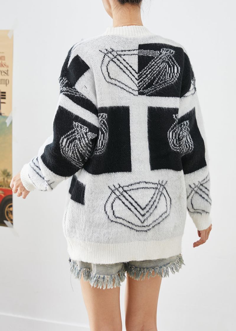 Bohemian-strickcardigan Mit Übergroßem Aufdruck In Weiß Und Button-down Für Den Herbst - Damen-Cardigans