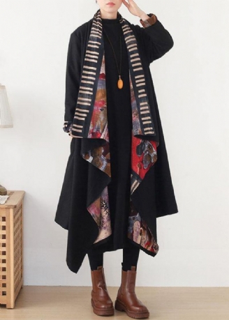 Boho-schwarz-roter V-ausschnitt Asymmetrisches Design Langer Mantel Für Den Herbst