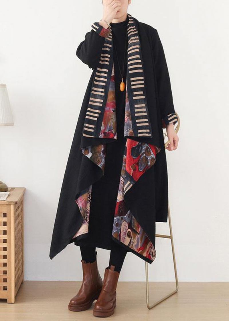 Boho-schwarz-roter V-ausschnitt Asymmetrisches Design Langer Mantel Für Den Herbst - Schwarz Grün